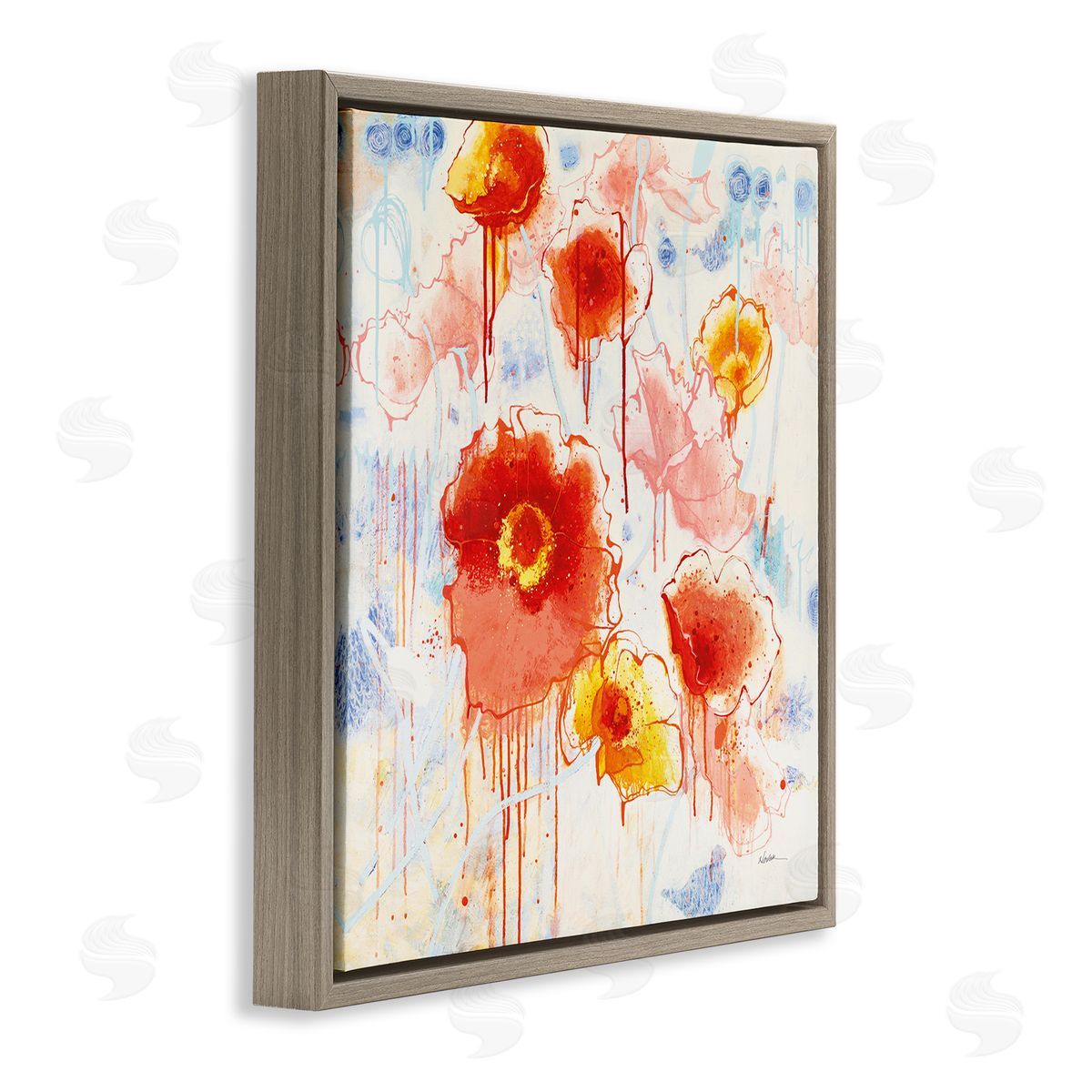 Dripping Abstract Poppies Brown Floating Frame Canvas Wall Art, Home Decor by Shirley Novak