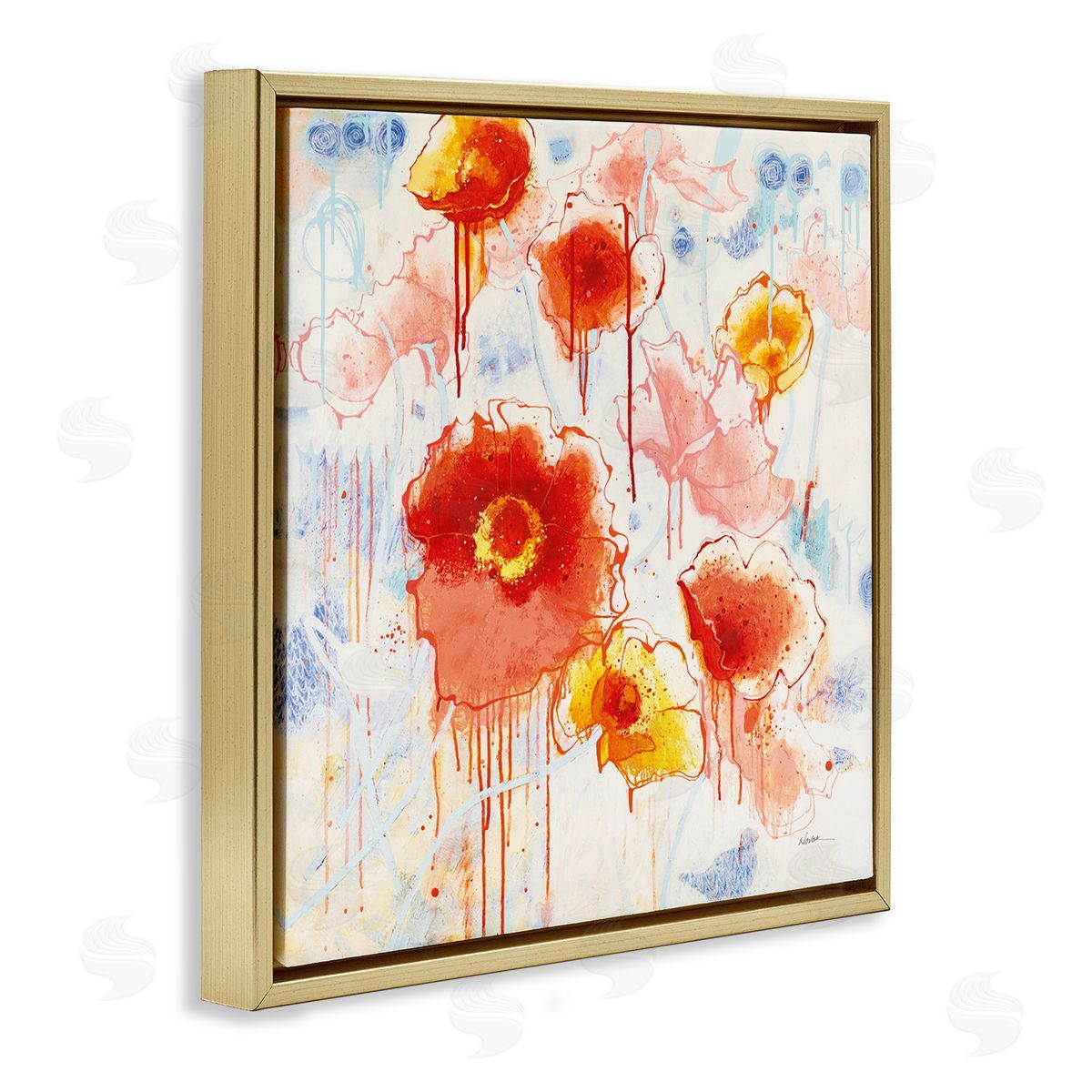 Dripping Abstract Poppies Gold Floating Frame Canvas Wall Art, Home Decor by Shirley Novak
