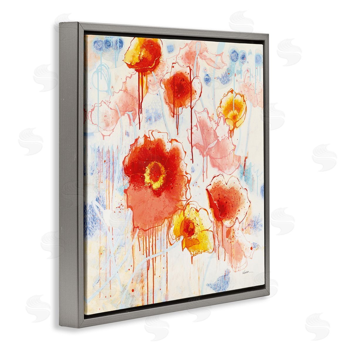 Dripping Abstract Poppies Grey Floating Frame Canvas Wall Art, Home Decor by Shirley Novak