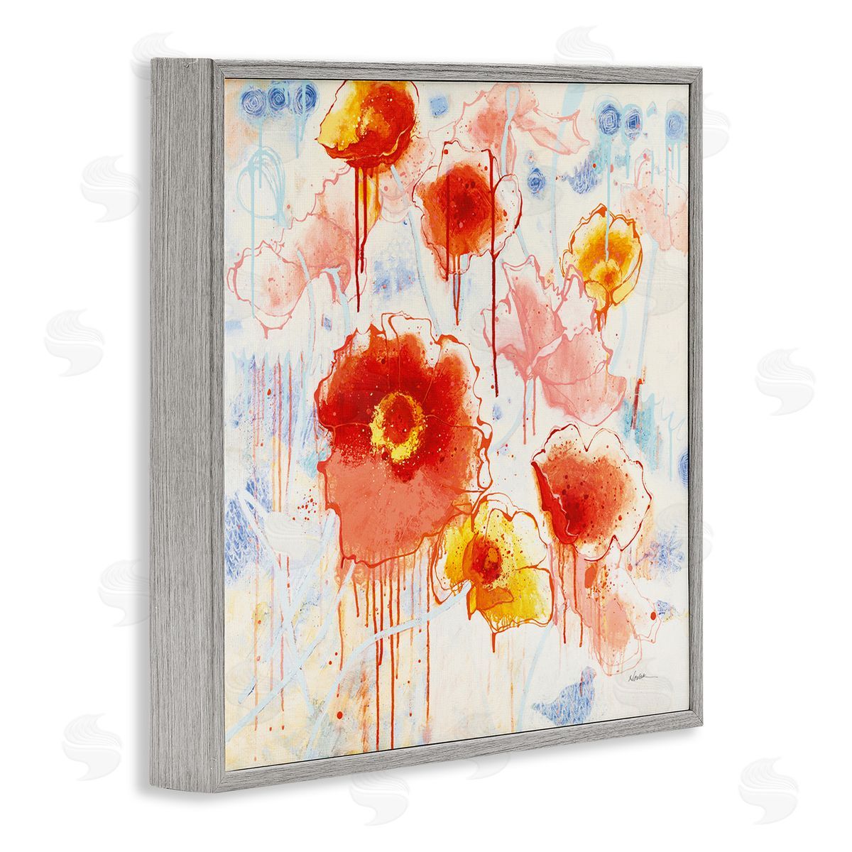 Dripping Abstract Poppies Grey Frame Print Wall Art, Home Decor by Shirley Novak