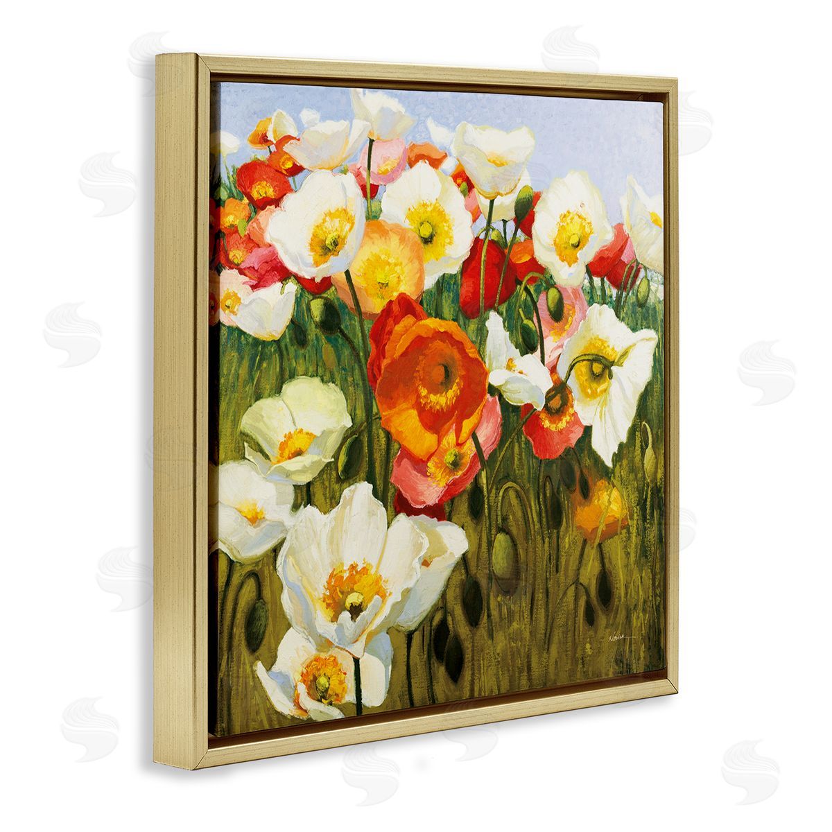 Lush Poppy Meadow Gold Floating Frame Canvas Wall Art, Home Decor by Shirley Novak