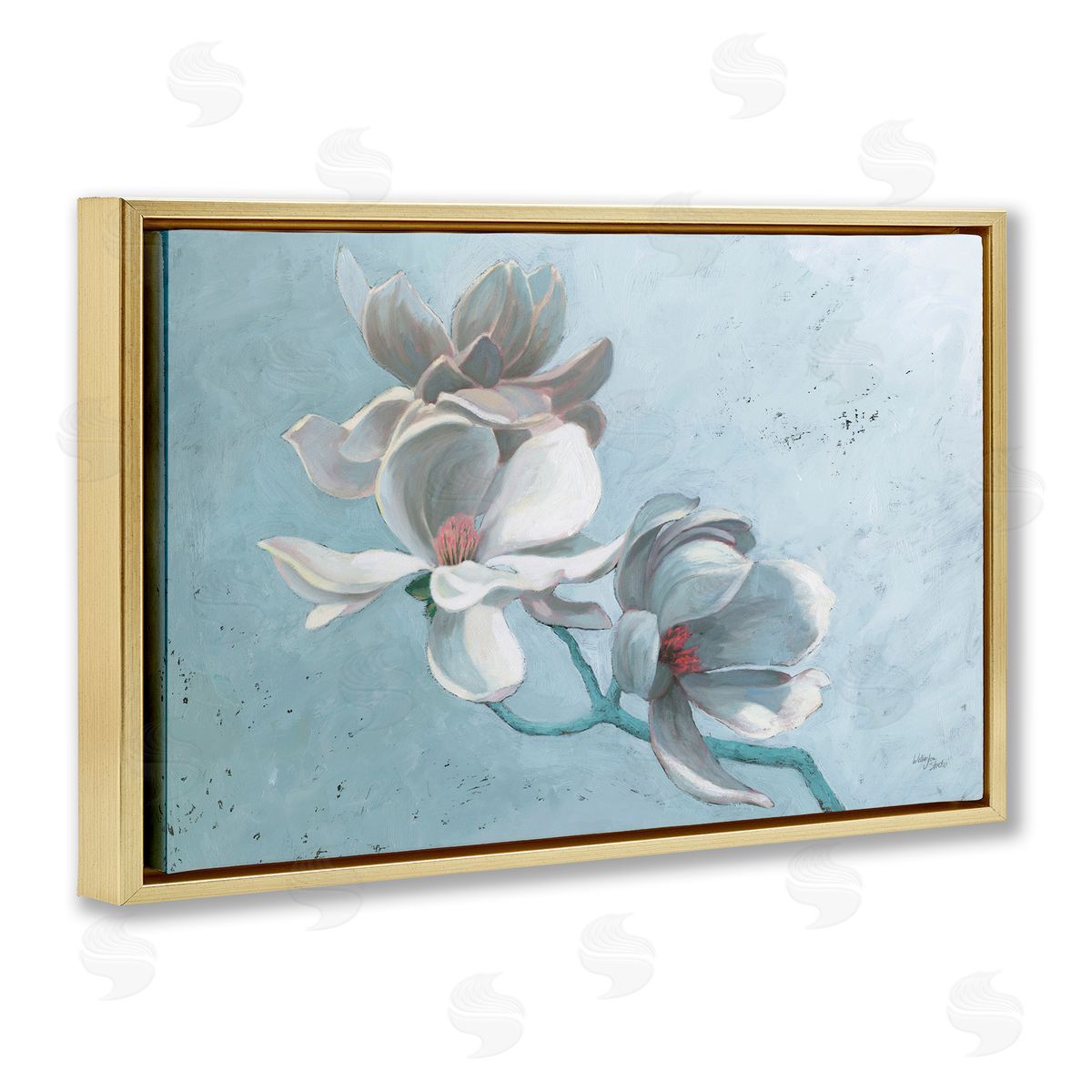 Magnolia Branch on Blue Gold Floating Frame Canvas Wall Art, Home Decor by Wellington Studio