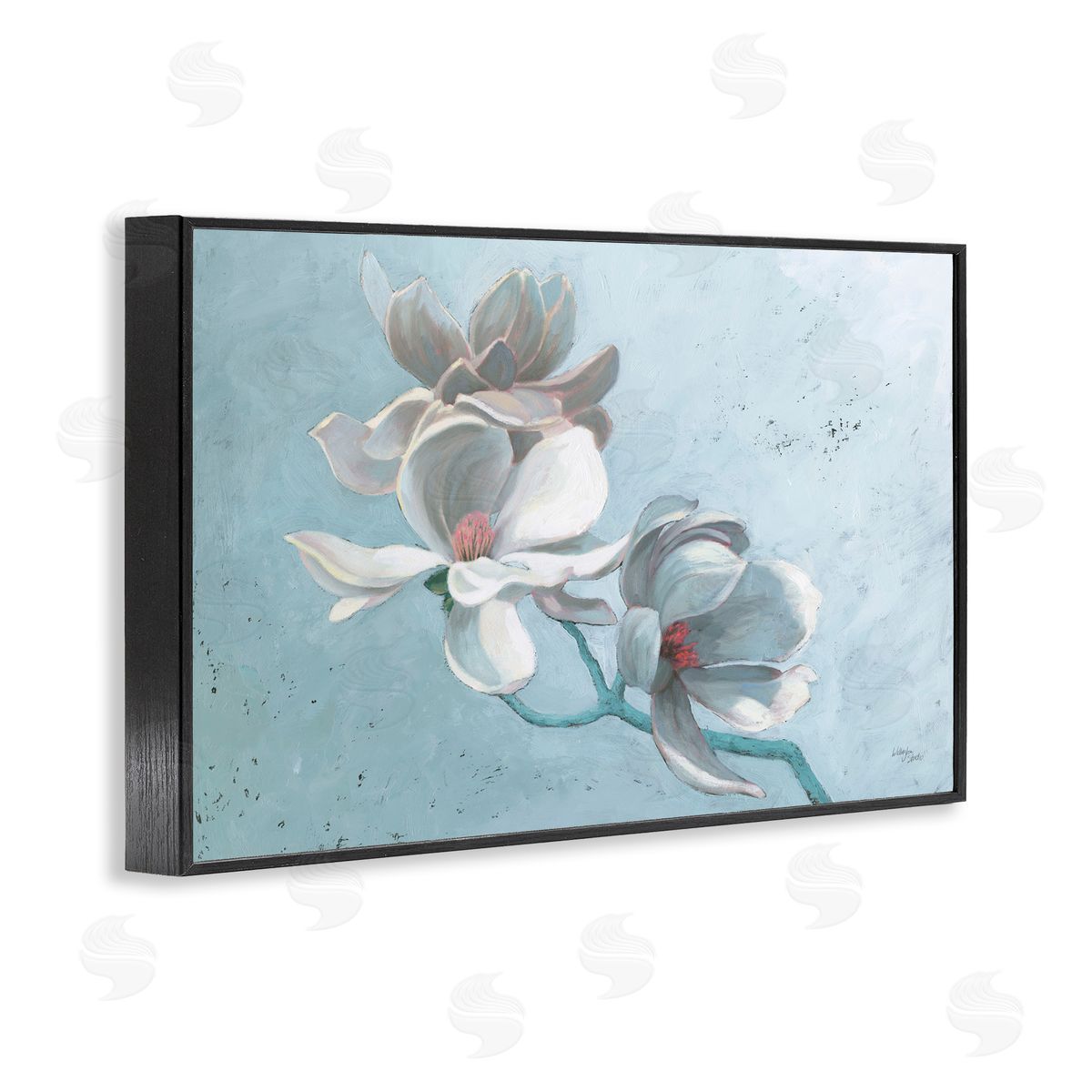 Magnolia Branch on Blue Black Frame Print Wall Art, Home Decor by Wellington Studio