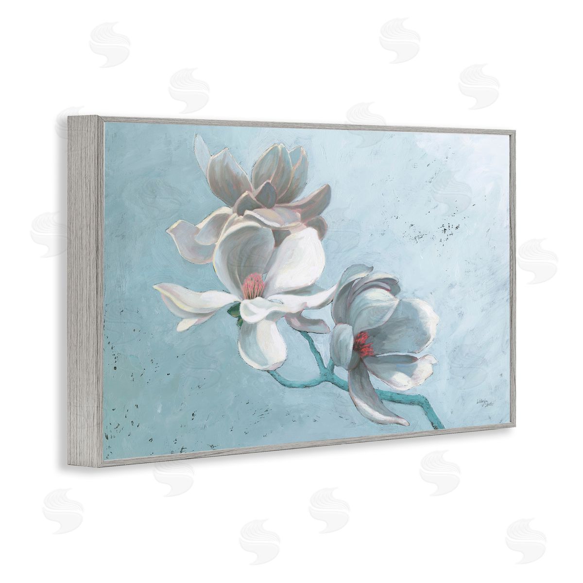 Magnolia Branch on Blue Grey Frame Print Wall Art, Home Decor by Wellington Studio