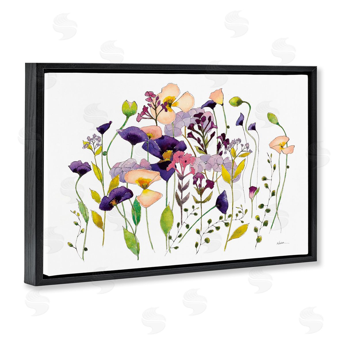 Purple Poppy Sprigs Black Floating Frame Canvas Wall Art, Home Decor by Shirley Novak