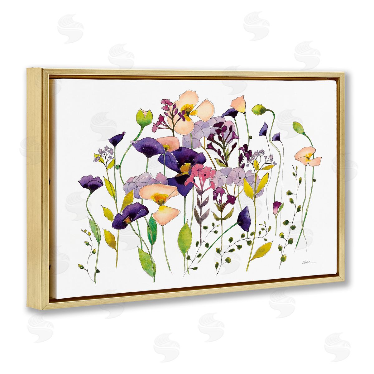 Purple Poppy Sprigs Gold Floating Frame Canvas Wall Art, Home Decor by Shirley Novak
