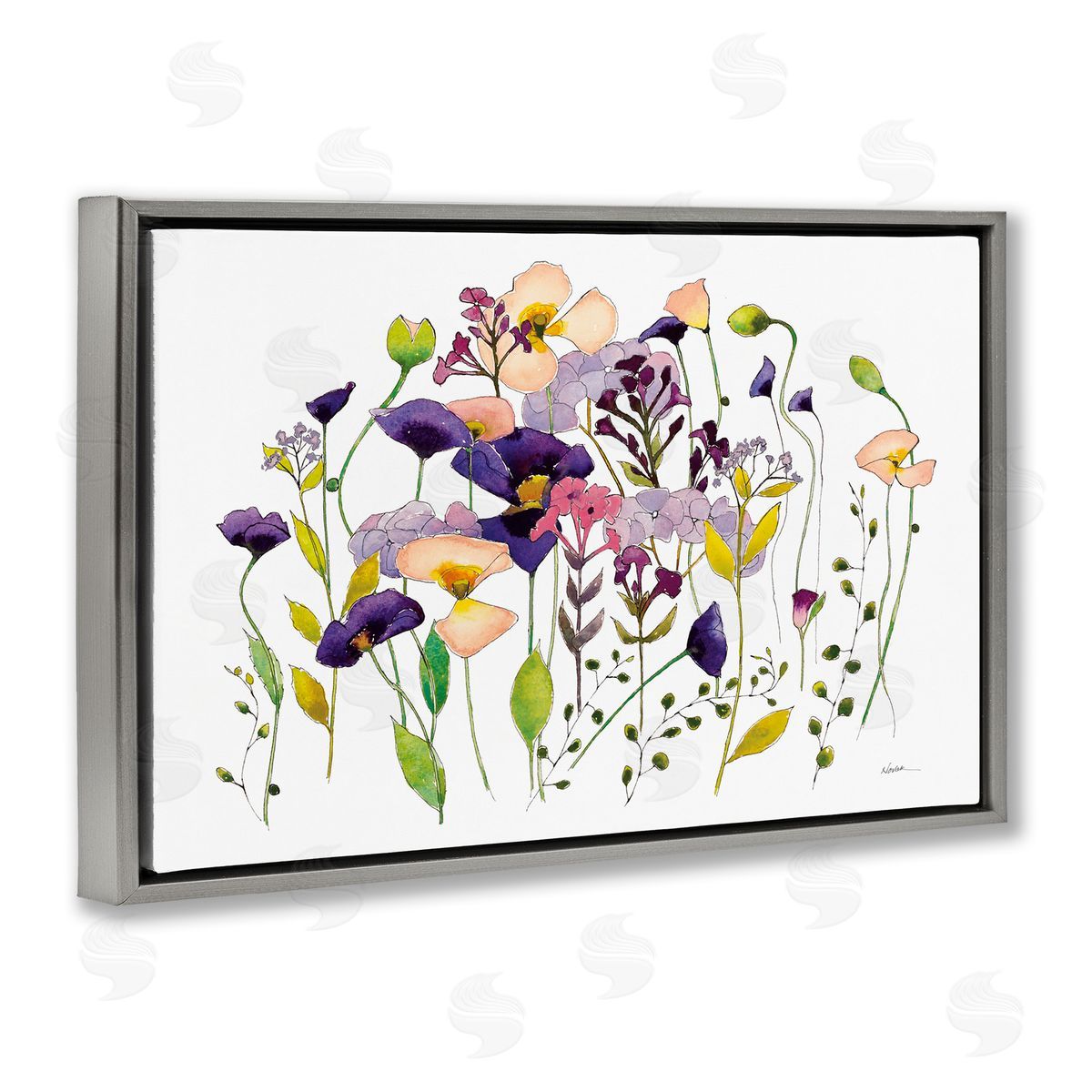 Purple Poppy Sprigs Grey Floating Frame Canvas Wall Art, Home Decor by Shirley Novak