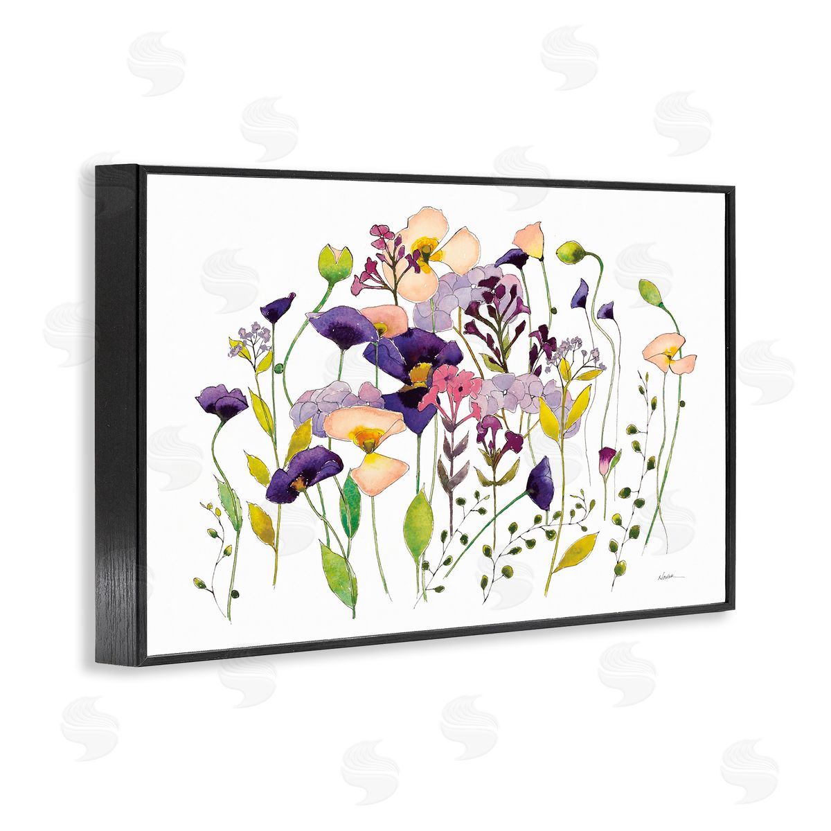 Purple Poppy Sprigs Black Frame Print Wall Art, Home Decor by Shirley Novak