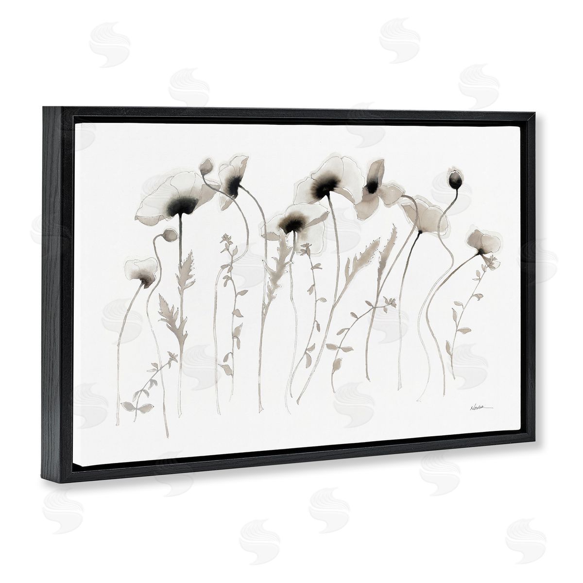 White Poppy Sprigs Black Floating Frame Canvas Wall Art, Home Decor by Shirley Novak