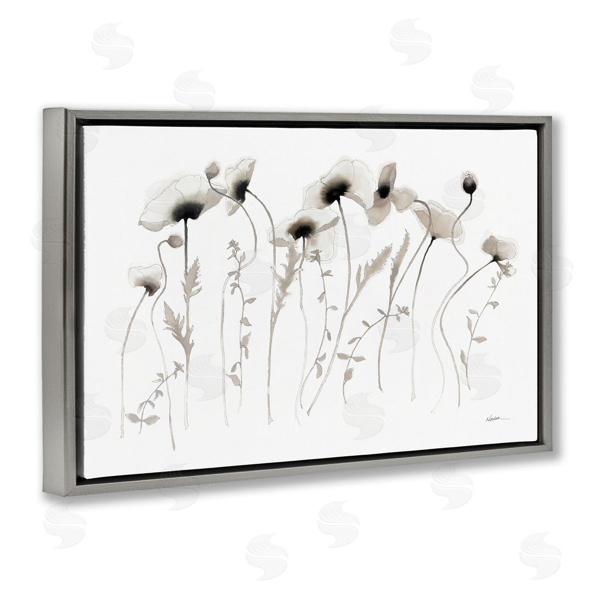 White Poppy Sprigs Grey Floating Frame Canvas Wall Art, Home Decor by Shirley Novak