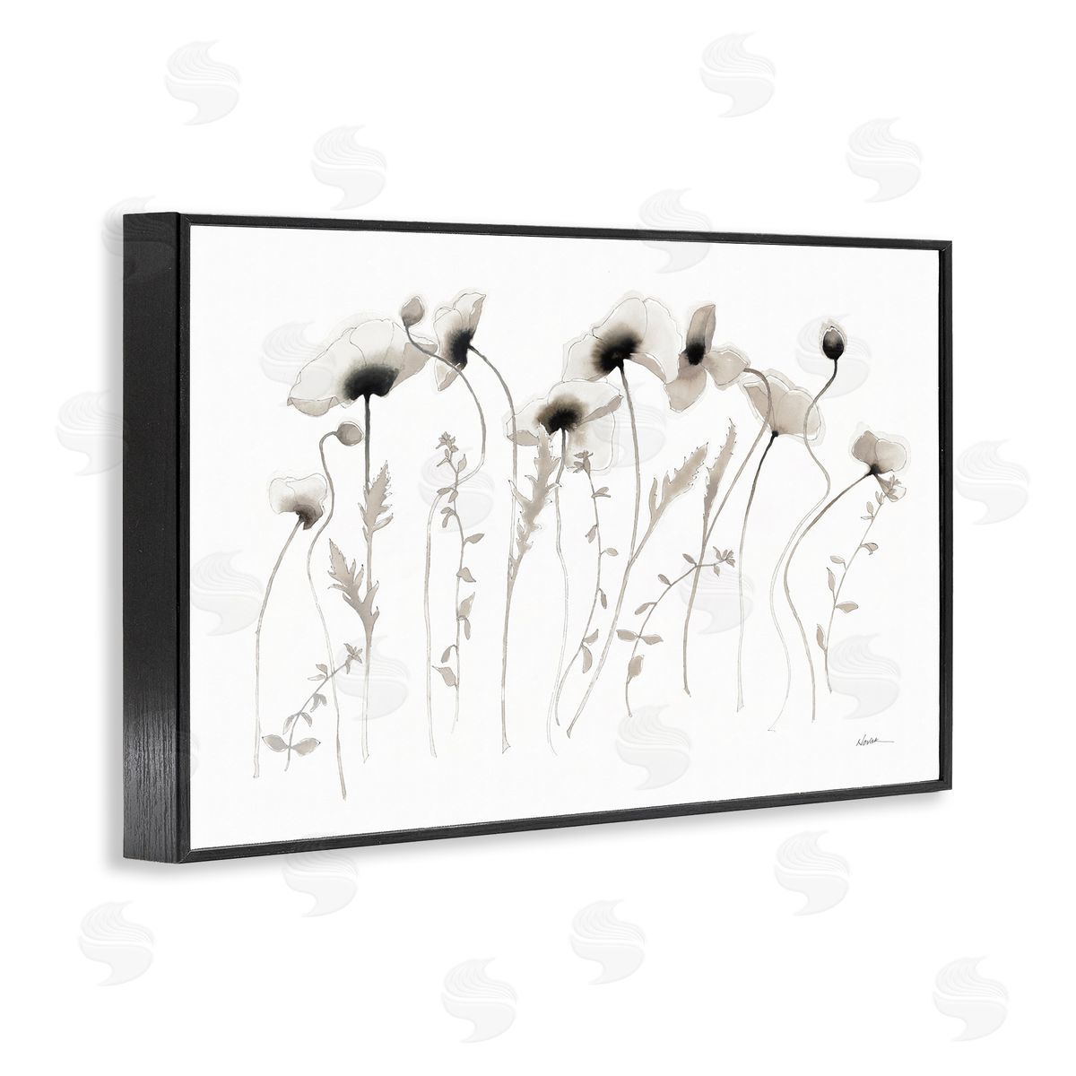 White Poppy Sprigs Black Frame Print Wall Art, Home Decor by Shirley Novak
