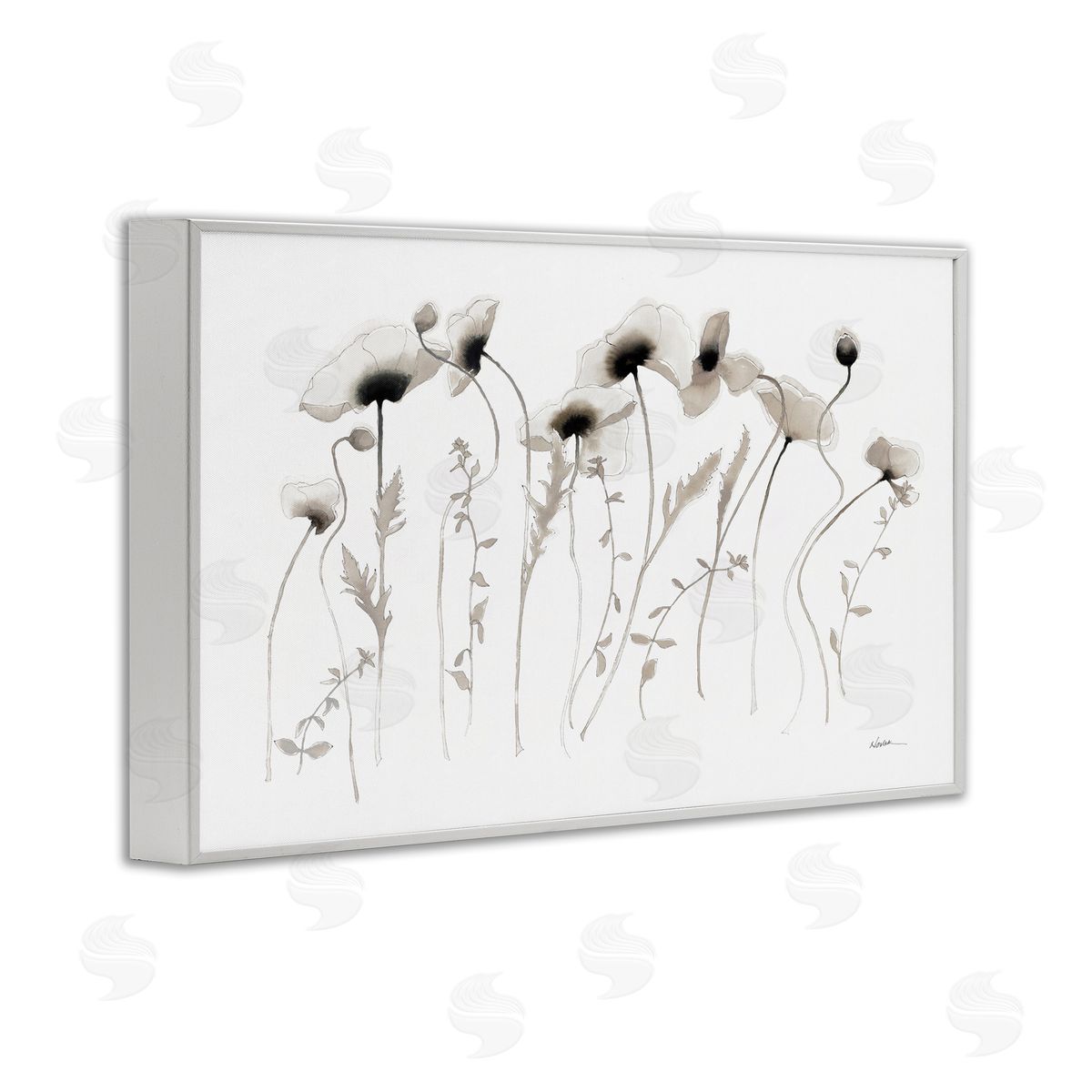 White Poppy Sprigs White Frame Print Wall Art, Home Decor by Shirley Novak