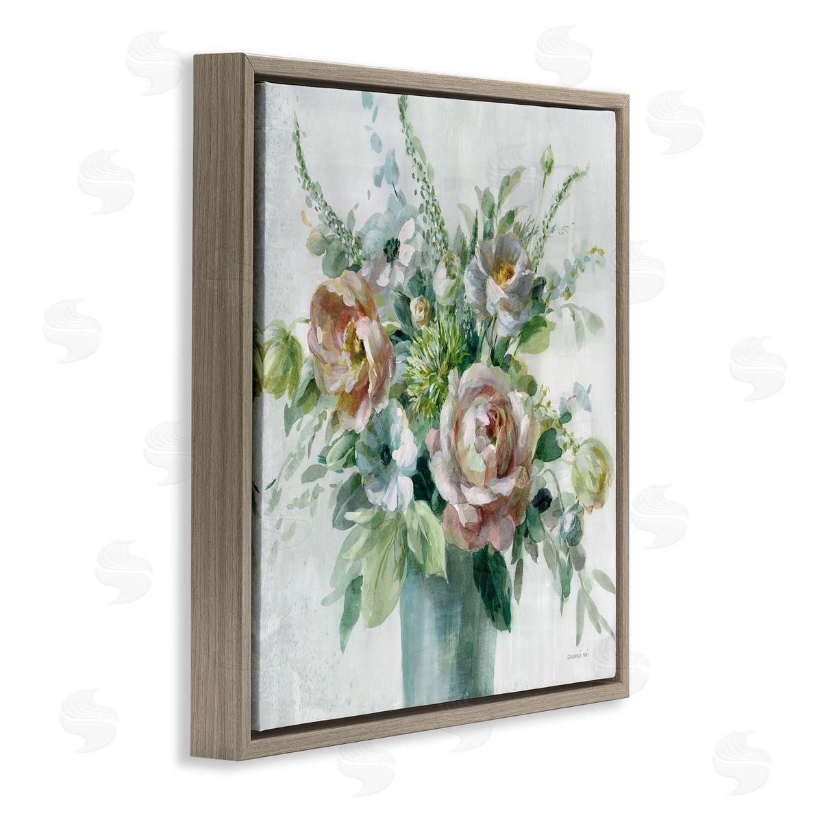 Sage and Peach Blossoms Brown Floating Frame Canvas Wall Art, Home Decor by Danhui Nai