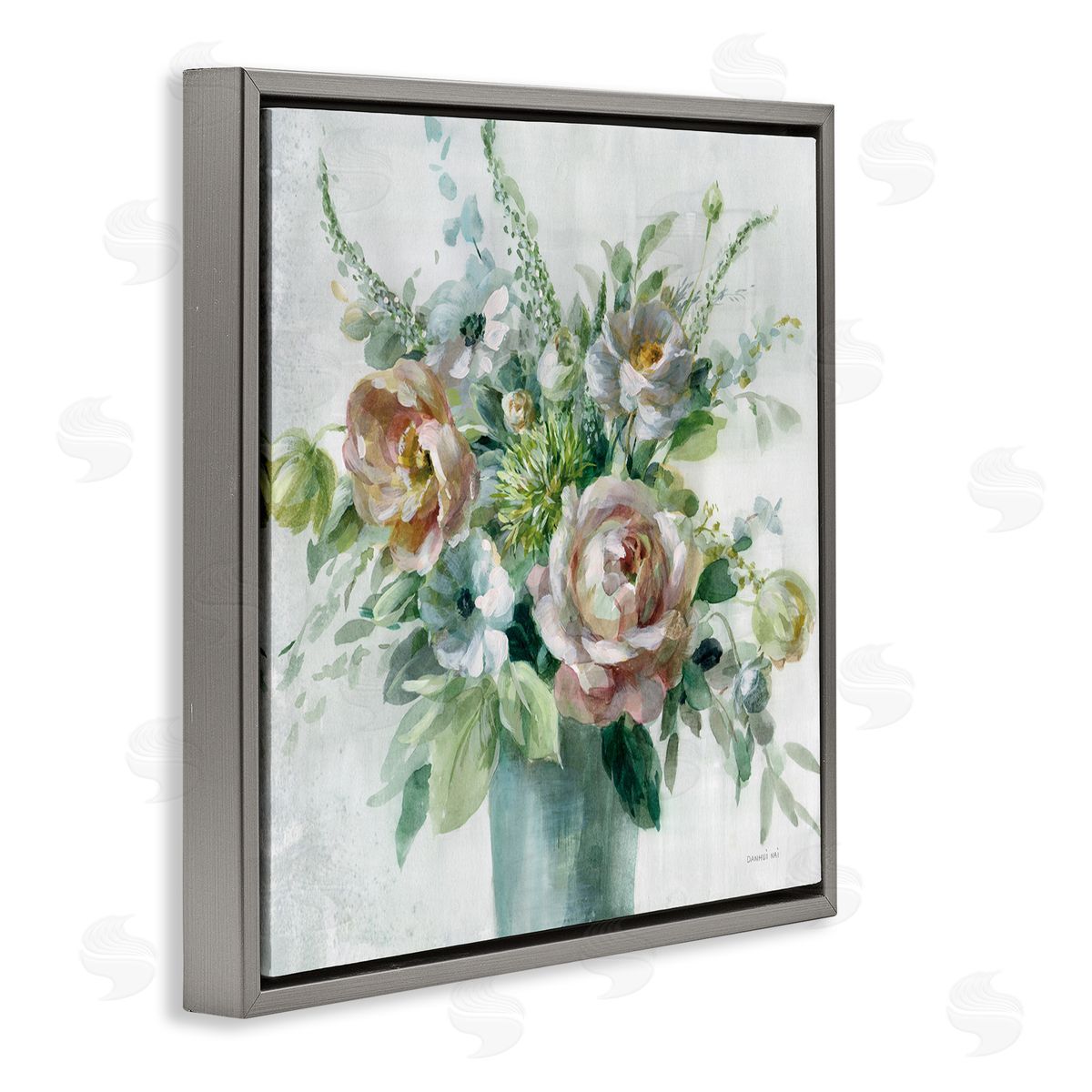 Sage and Peach Blossoms Grey Floating Frame Canvas Wall Art, Home Decor by Danhui Nai