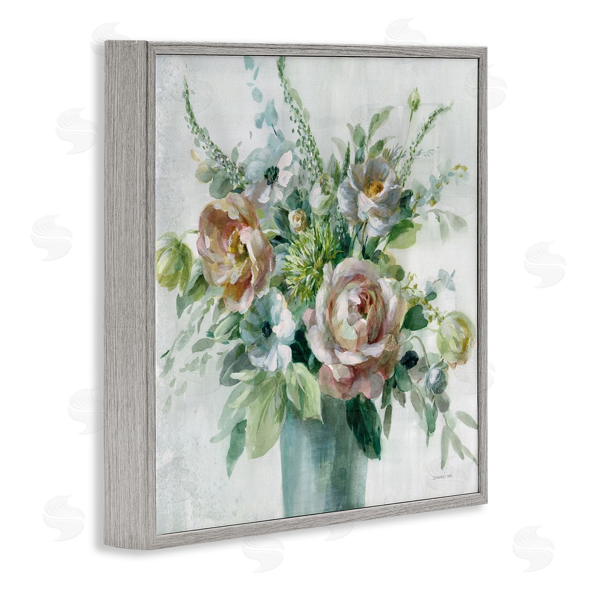 Sage and Peach Blossoms Grey Frame Print Wall Art, Home Decor by Danhui Nai