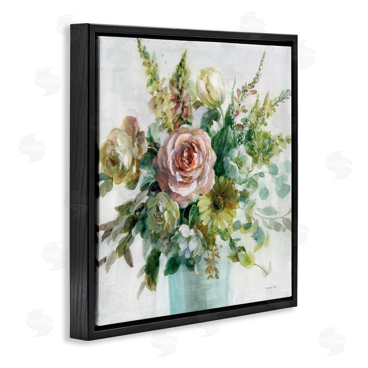 Sage and Peach Flowers Black Floating Frame Canvas Wall Art, Home Decor by Danhui Nai