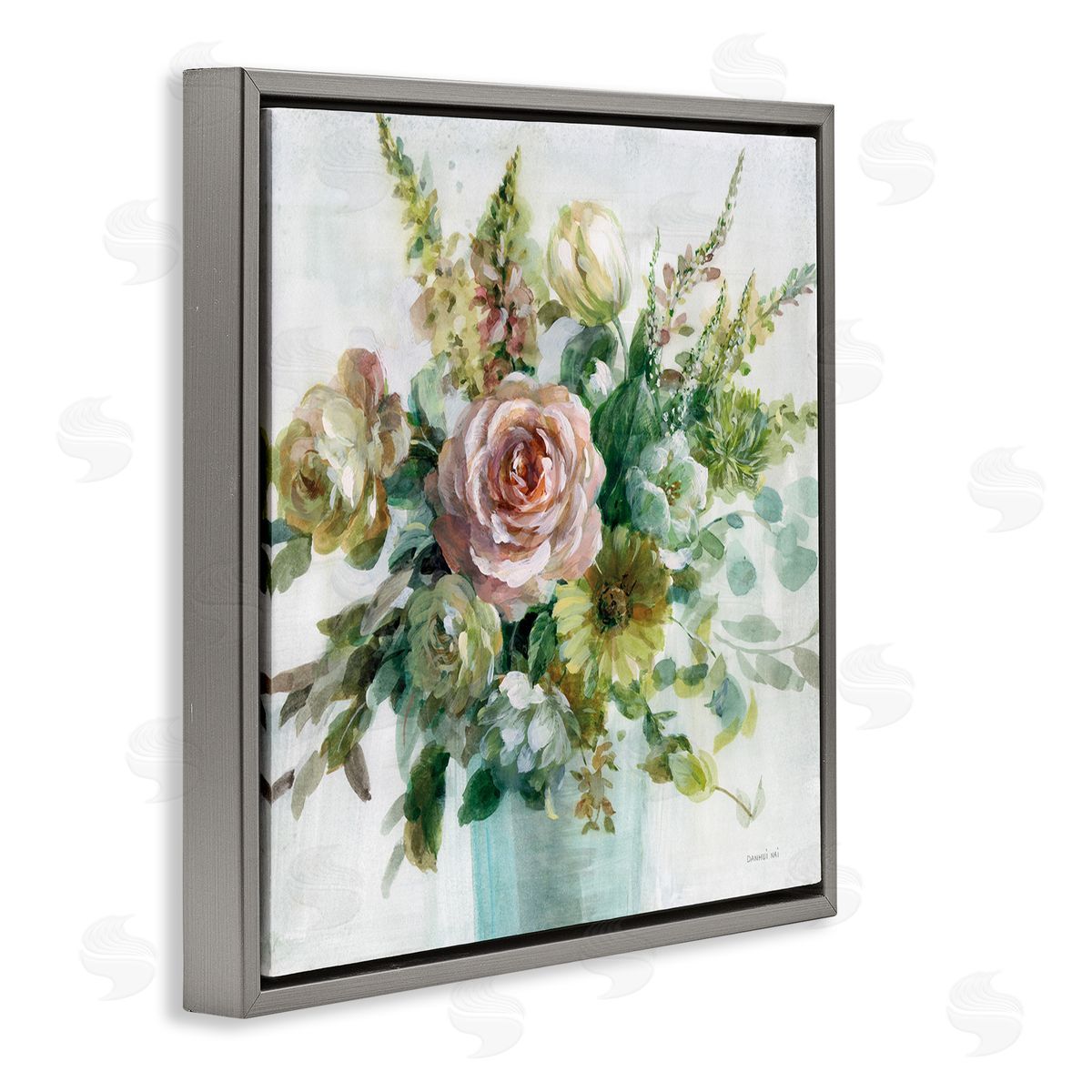 Sage and Peach Flowers Grey Floating Frame Canvas Wall Art, Home Decor by Danhui Nai