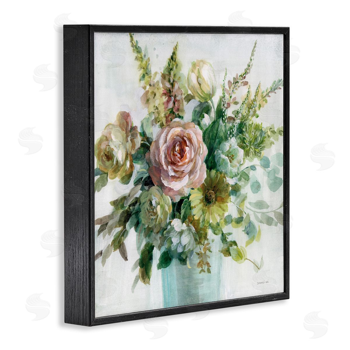 Sage and Peach Flowers Black Frame Print Wall Art, Home Decor by Danhui Nai
