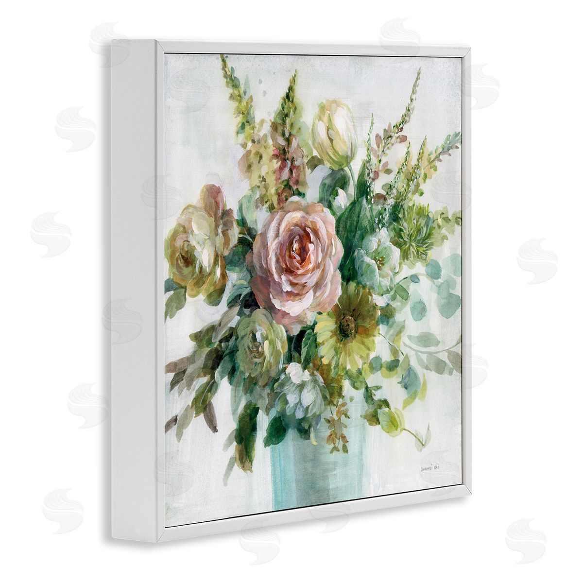 Sage and Peach Flowers White Frame Print Wall Art, Home Decor by Danhui Nai