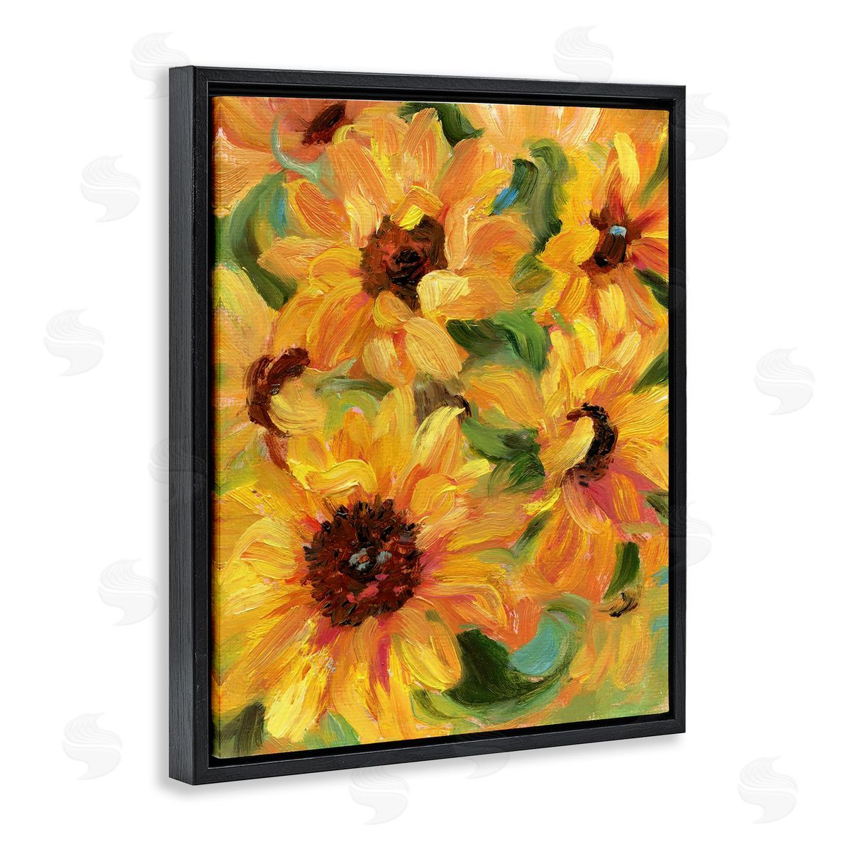 Sunflower Bunches Pattern Black Floating Frame Canvas Wall Art, Home Decor by Sandra Iafrate