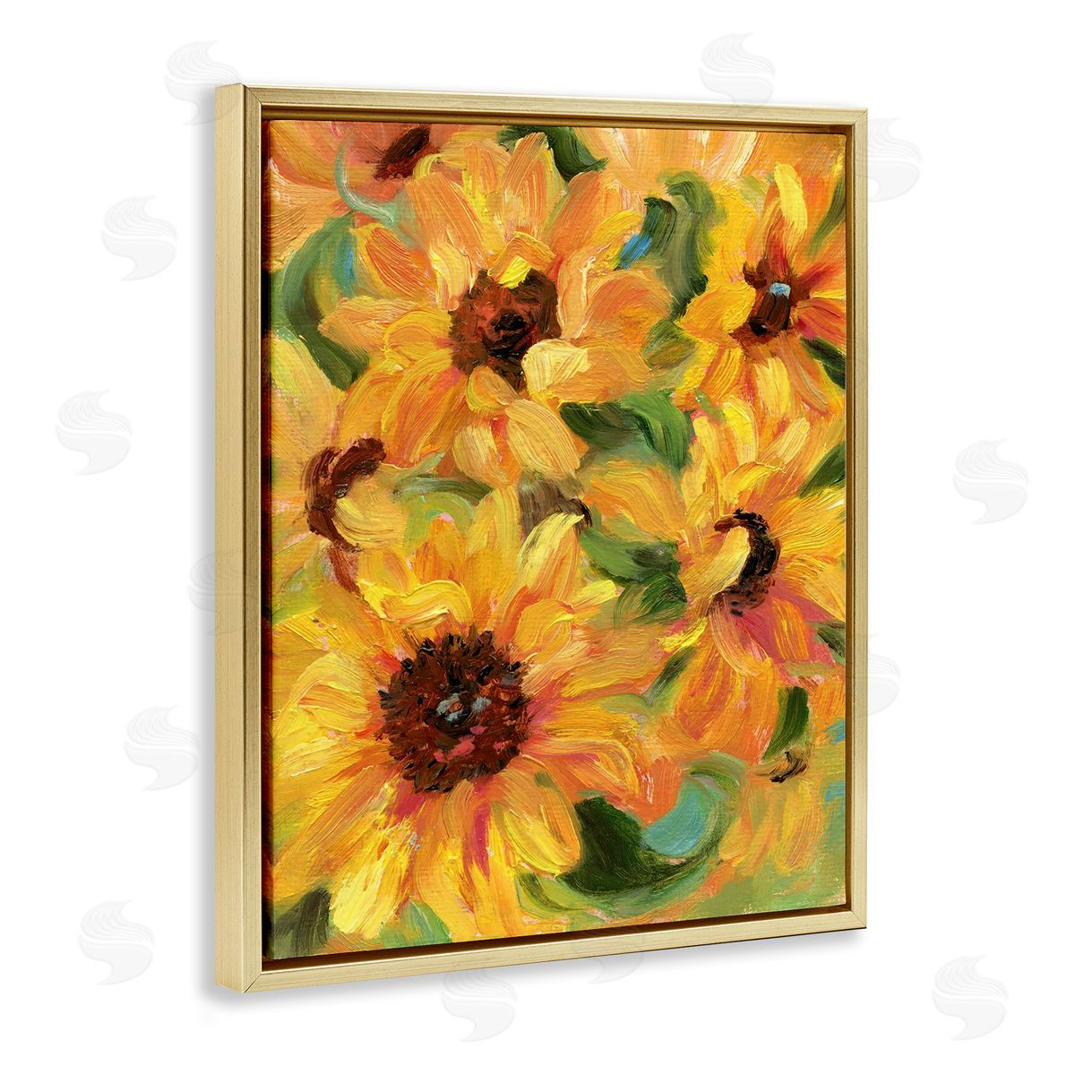 Sunflower Bunches Pattern Gold Floating Frame Canvas Wall Art, Home Decor by Sandra Iafrate