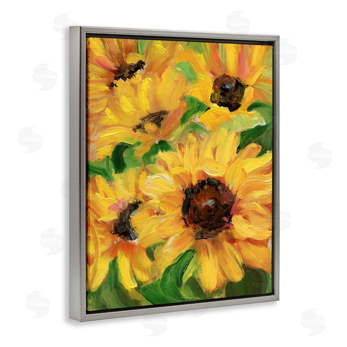 Bright Sunny Sunflowers Grey Floating Frame Canvas Wall Art, Home Decor by Sandra Iafrate