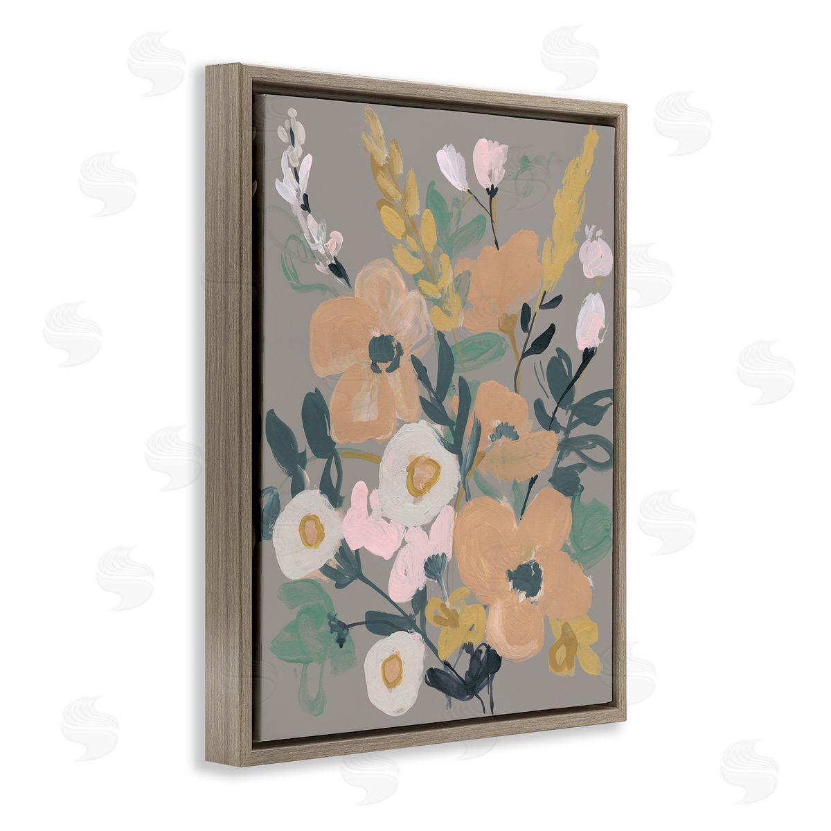Modern Wildflower Collage Brown Floating Frame Canvas Wall Art, Home Decor by Jennifer Goldberger