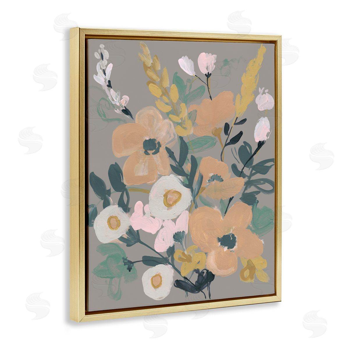 Modern Wildflower Collage Gold Floating Frame Canvas Wall Art, Home Decor by Jennifer Goldberger