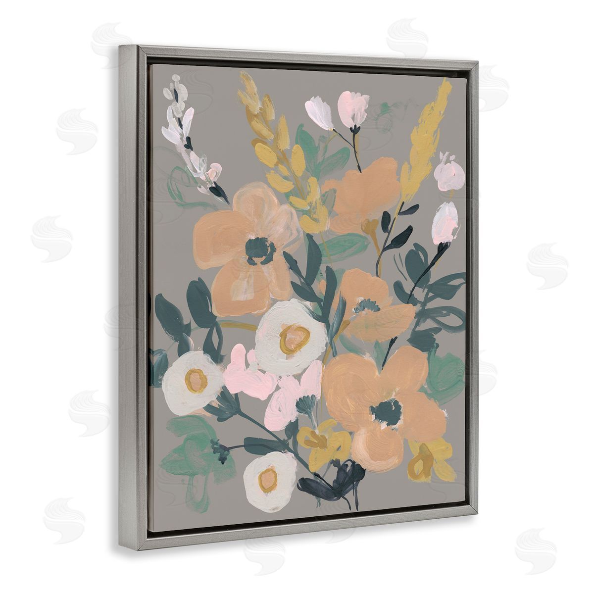 Modern Wildflower Collage Grey Floating Frame Canvas Wall Art, Home Decor by Jennifer Goldberger
