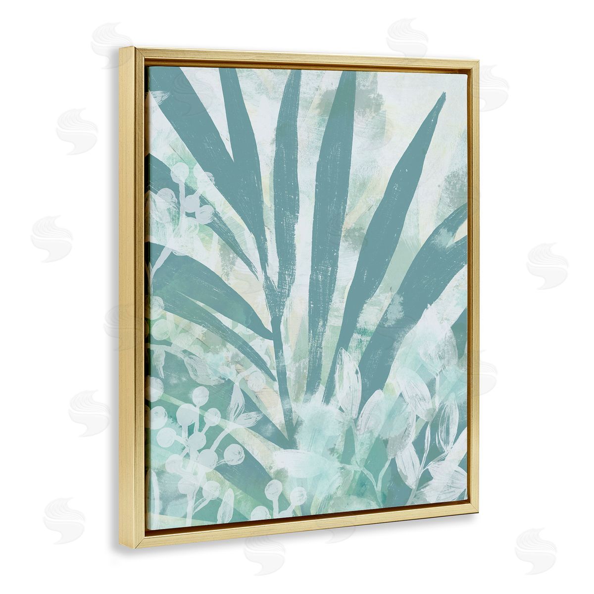Palm Frond Splatter Gold Floating Frame Canvas Wall Art, Home Decor by June Erica Vess