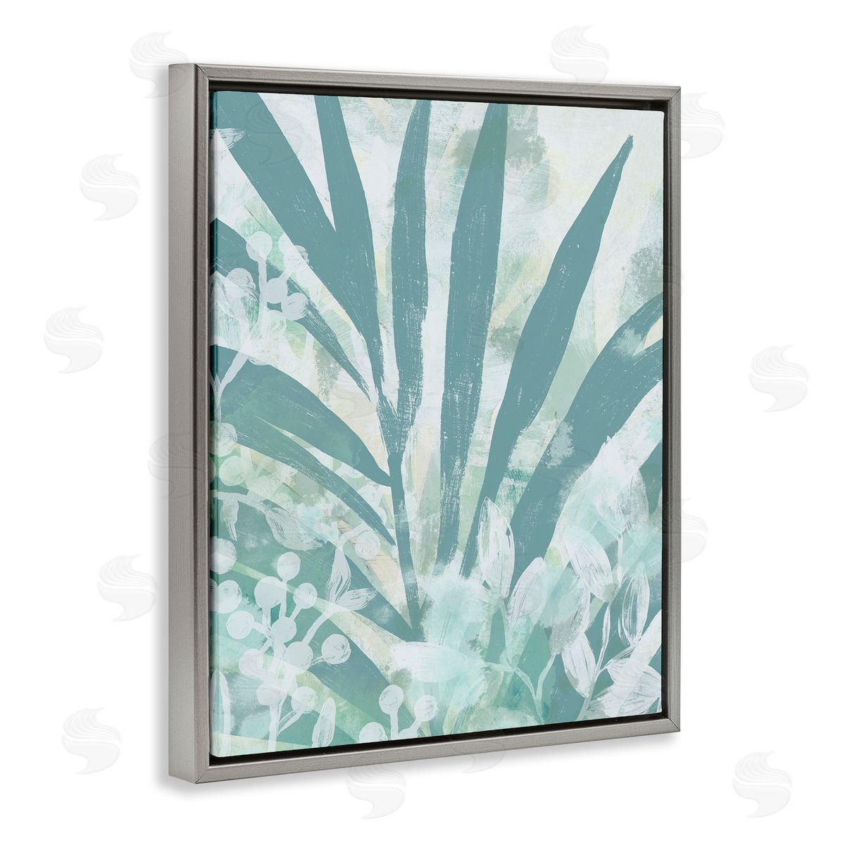 Palm Frond Splatter Grey Floating Frame Canvas Wall Art, Home Decor by June Erica Vess