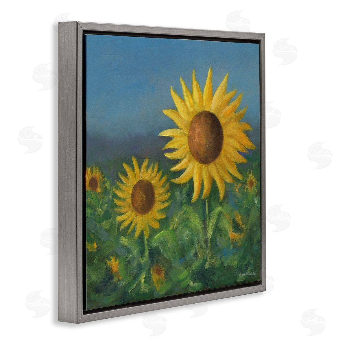Blooming Sunflower Meadow Grey Floating Frame Canvas Wall Art, Home Decor by David Swanagin
