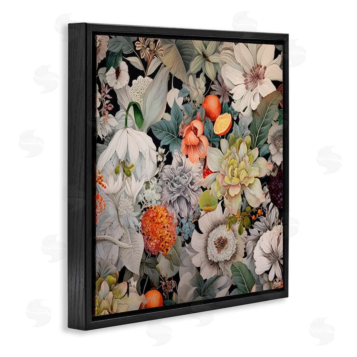 Grey Mixed Florals Black Floating Frame Canvas Wall Art, Home Decor by Lazar Studio