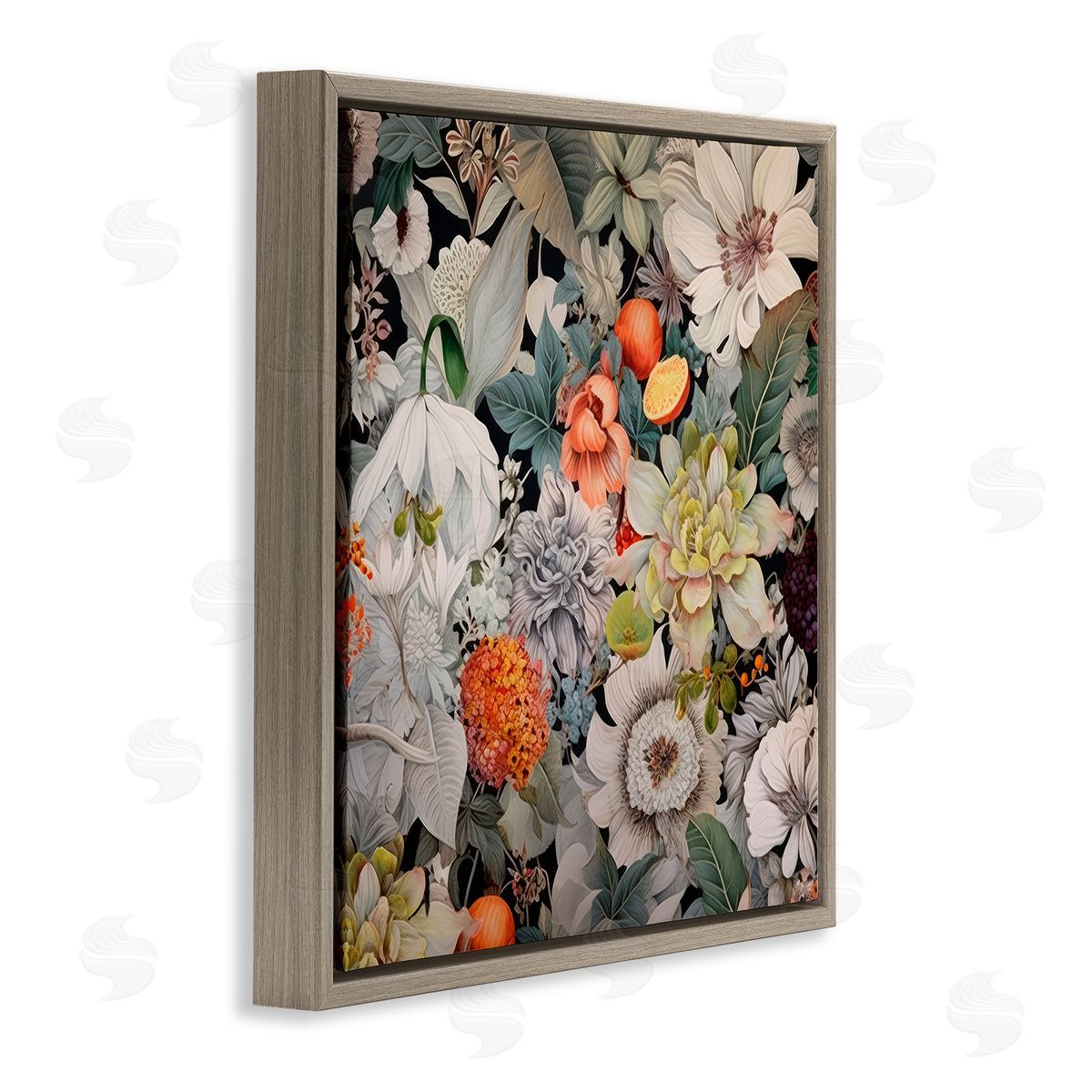 Grey Mixed Florals Brown Floating Frame Canvas Wall Art, Home Decor by Lazar Studio