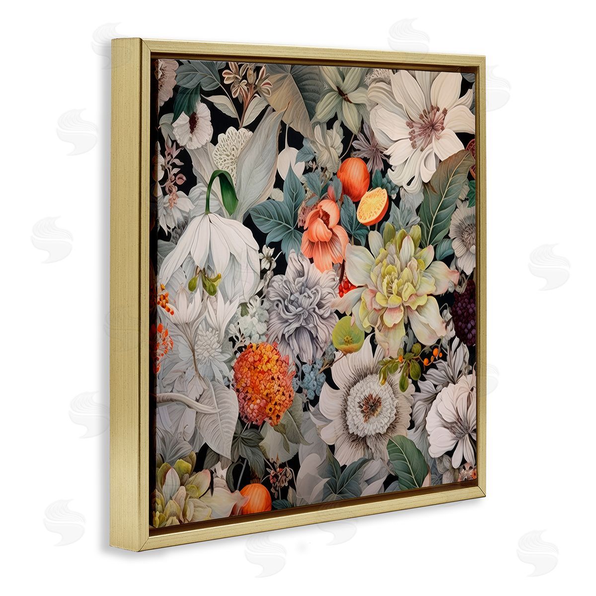 Grey Mixed Florals Gold Floating Frame Canvas Wall Art, Home Decor by Lazar Studio