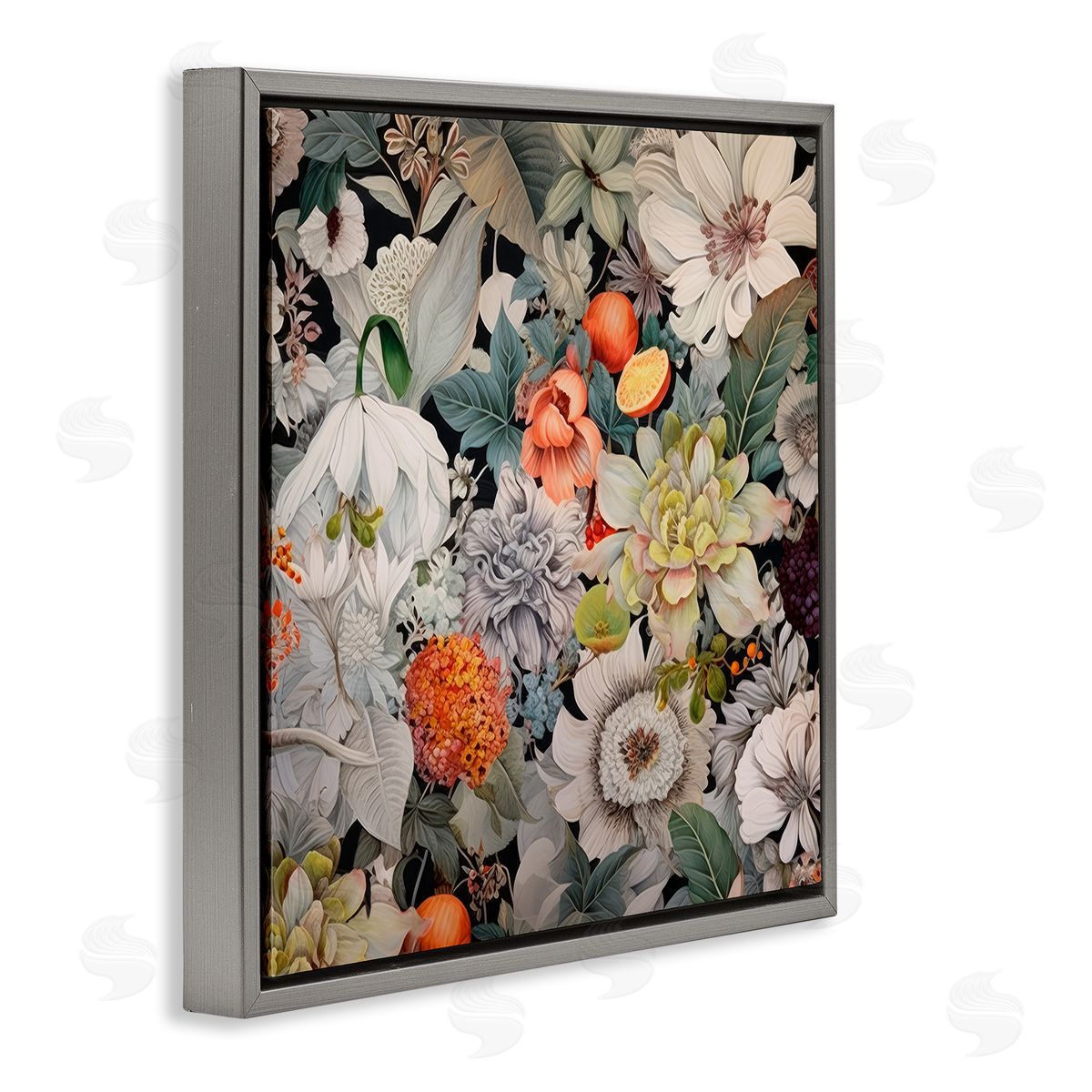 Grey Mixed Florals Grey Floating Frame Canvas Wall Art, Home Decor by Lazar Studio