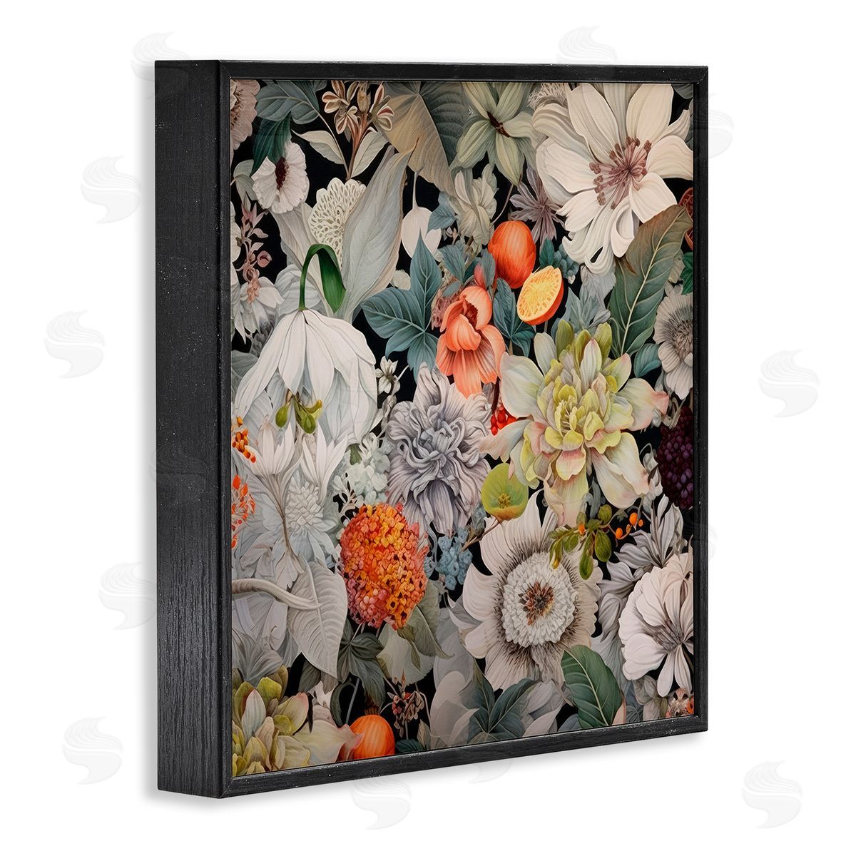Grey Mixed Florals Black Frame Print Wall Art, Home Decor by Lazar Studio