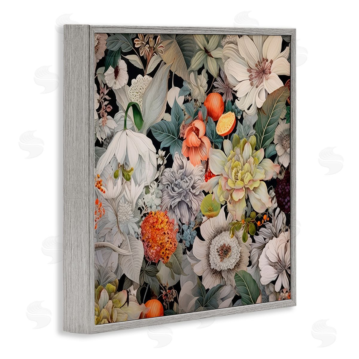 Grey Mixed Florals Grey Frame Print Wall Art, Home Decor by Lazar Studio
