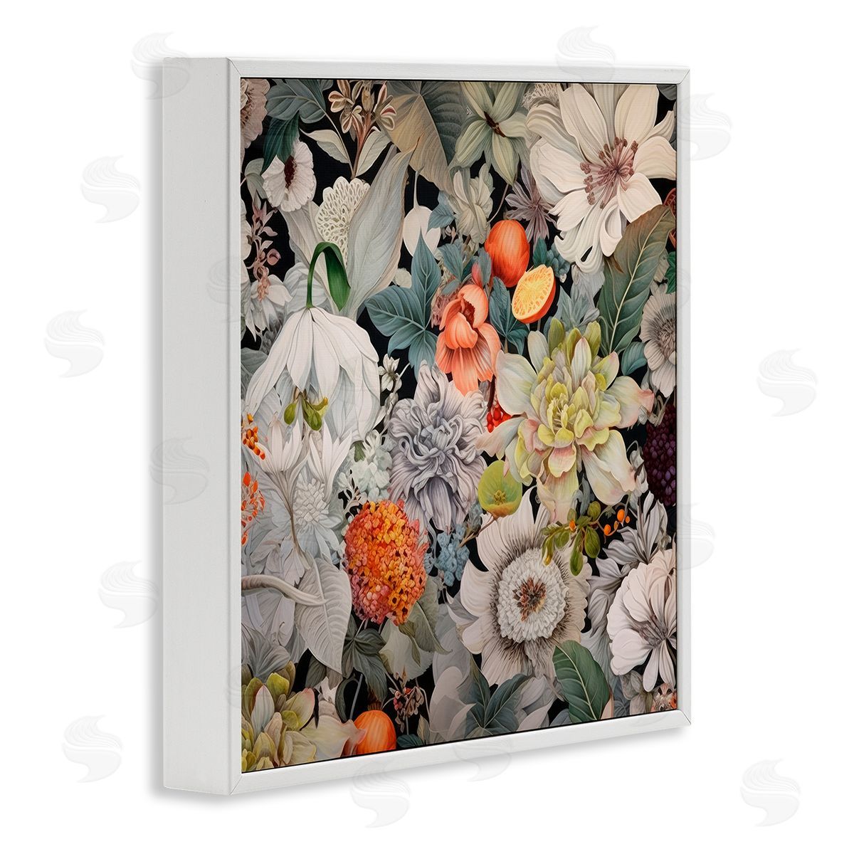 Grey Mixed Florals White Frame Print Wall Art, Home Decor by Lazar Studio