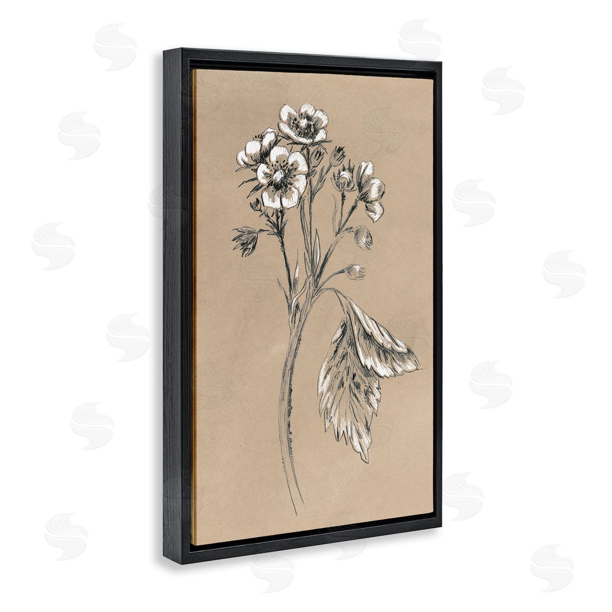 Flower Sprig Sketch Black Floating Frame Canvas Wall Art, Home Decor by June Erica Vess