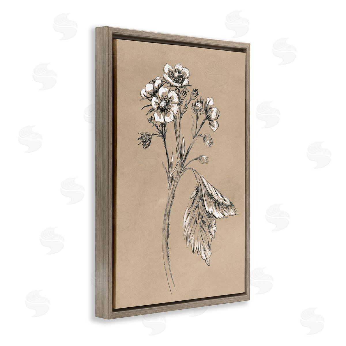 Flower Sprig Sketch Brown Floating Frame Canvas Wall Art, Home Decor by June Erica Vess