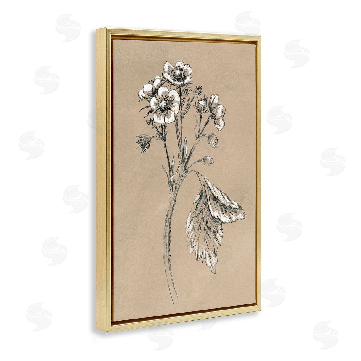 Flower Sprig Sketch Gold Floating Frame Canvas Wall Art, Home Decor by June Erica Vess