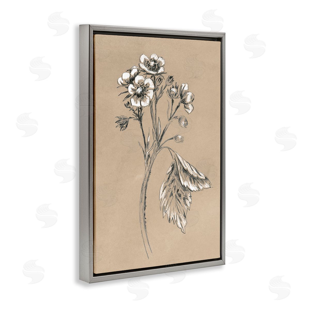 Flower Sprig Sketch Grey Floating Frame Canvas Wall Art, Home Decor by June Erica Vess