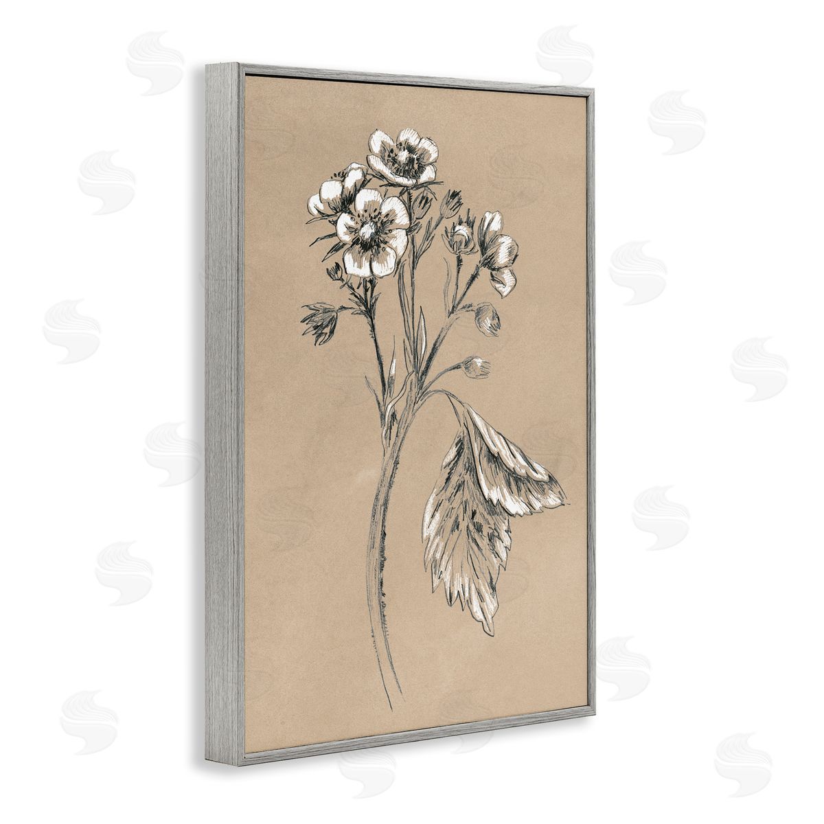 Flower Sprig Sketch Grey Frame Print Wall Art, Home Decor by June Erica Vess