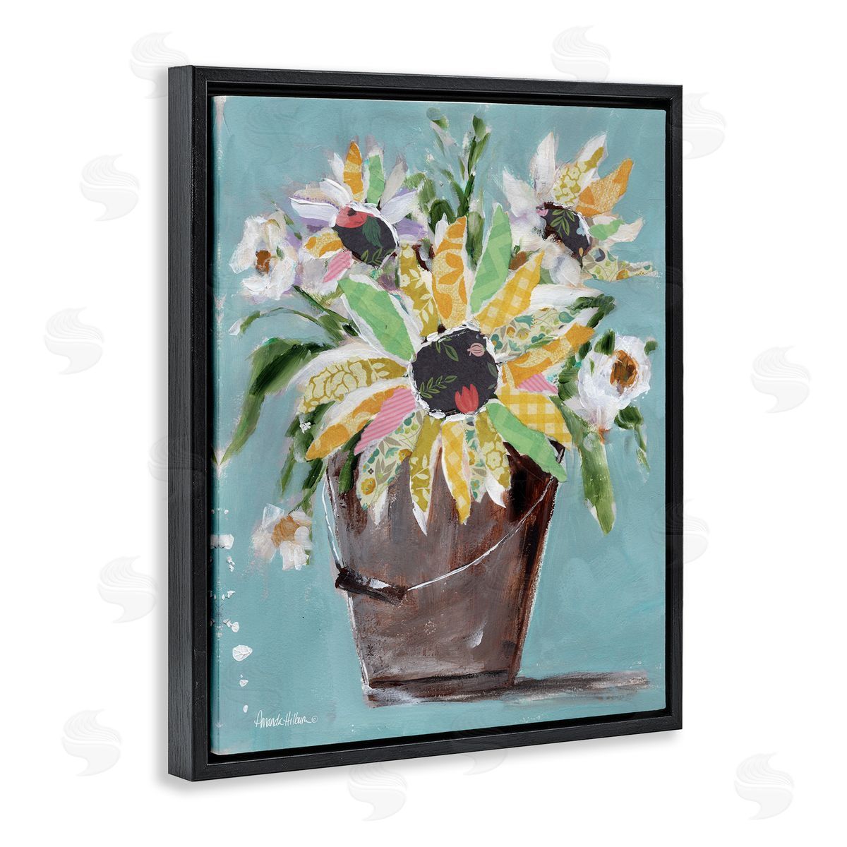 Flower Bucket Bouquet Black Floating Frame Canvas Wall Art, Home Decor by Amanda Hilburn