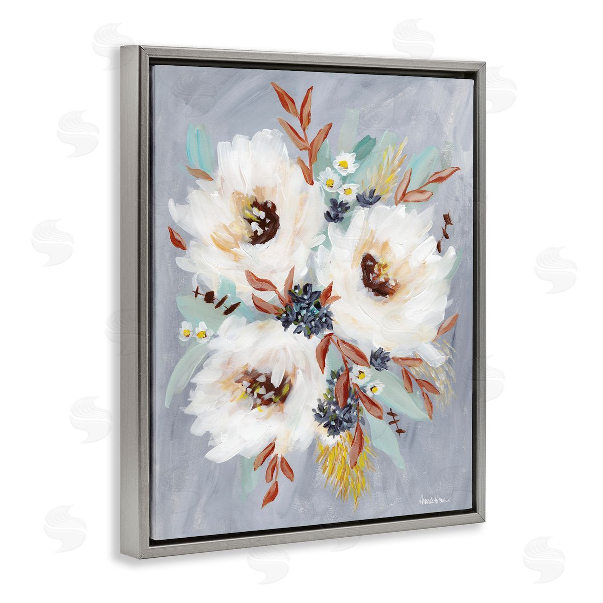 White Flowers Trio Grey Floating Frame Canvas Wall Art, Home Decor by Amanda Hilburn