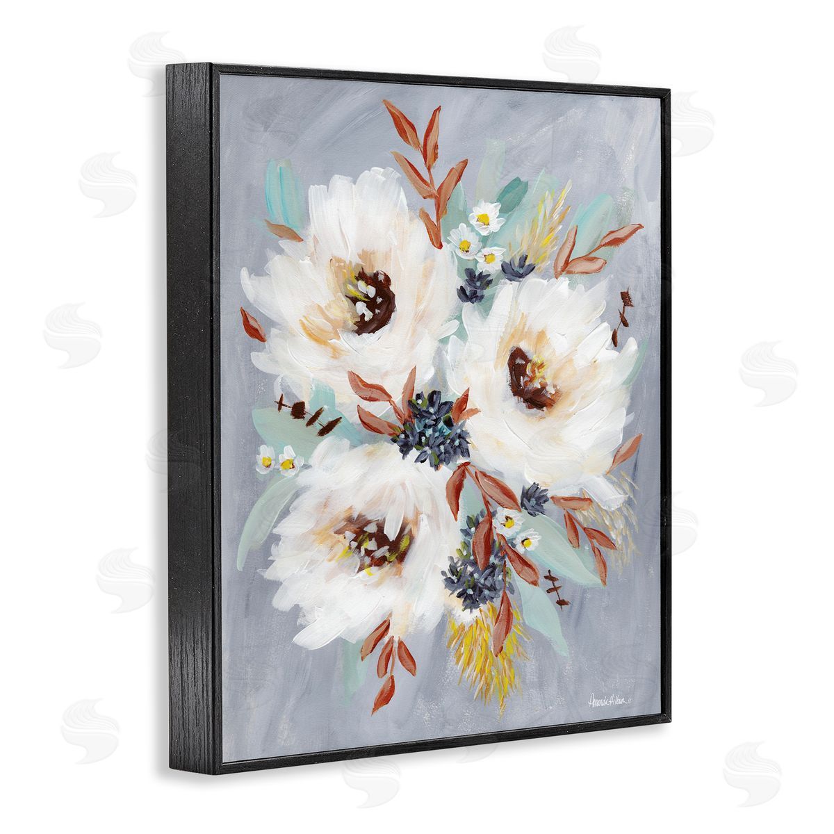 White Flowers Trio Black Frame Print Wall Art, Home Decor by Amanda Hilburn