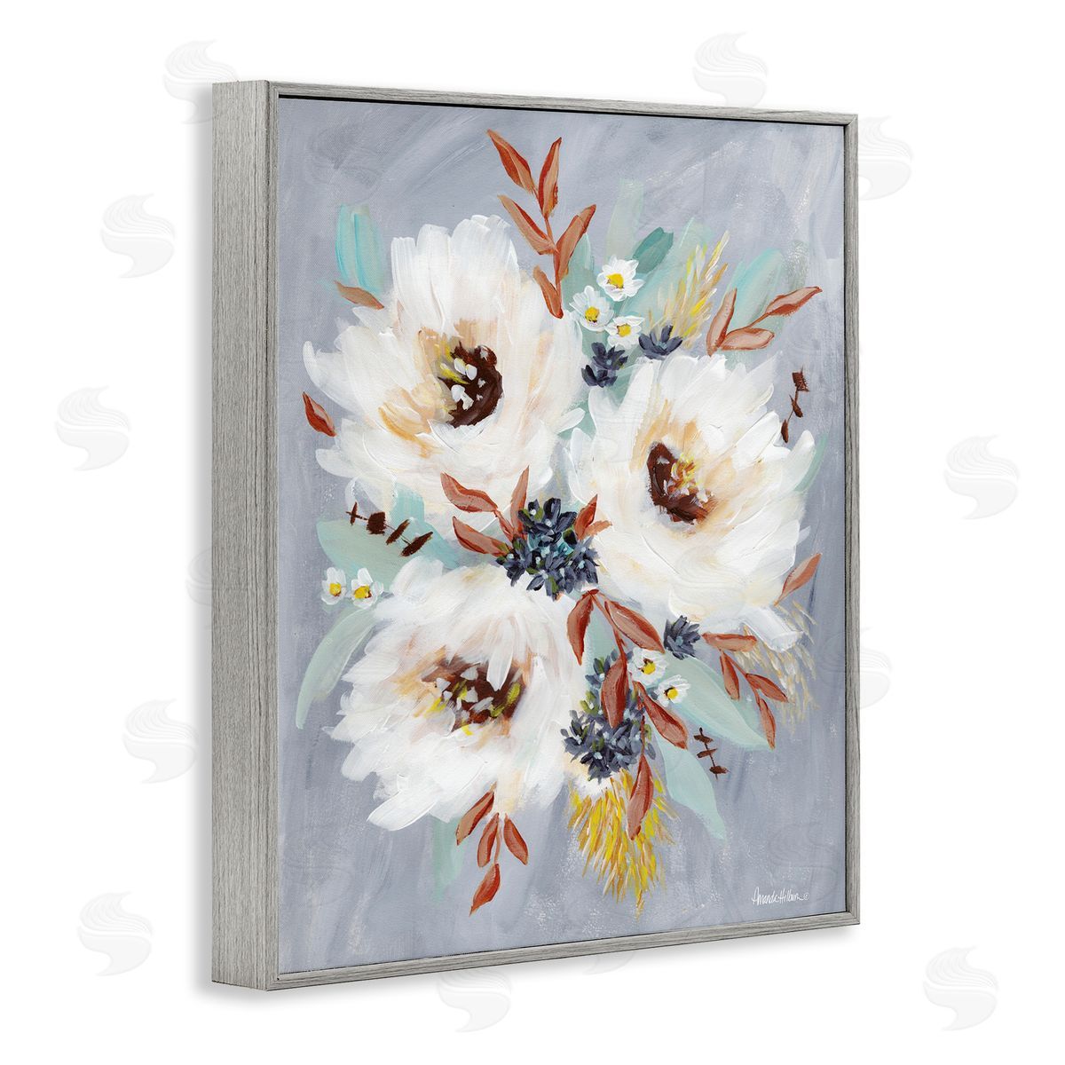 White Flowers Trio Grey Frame Print Wall Art, Home Decor by Amanda Hilburn