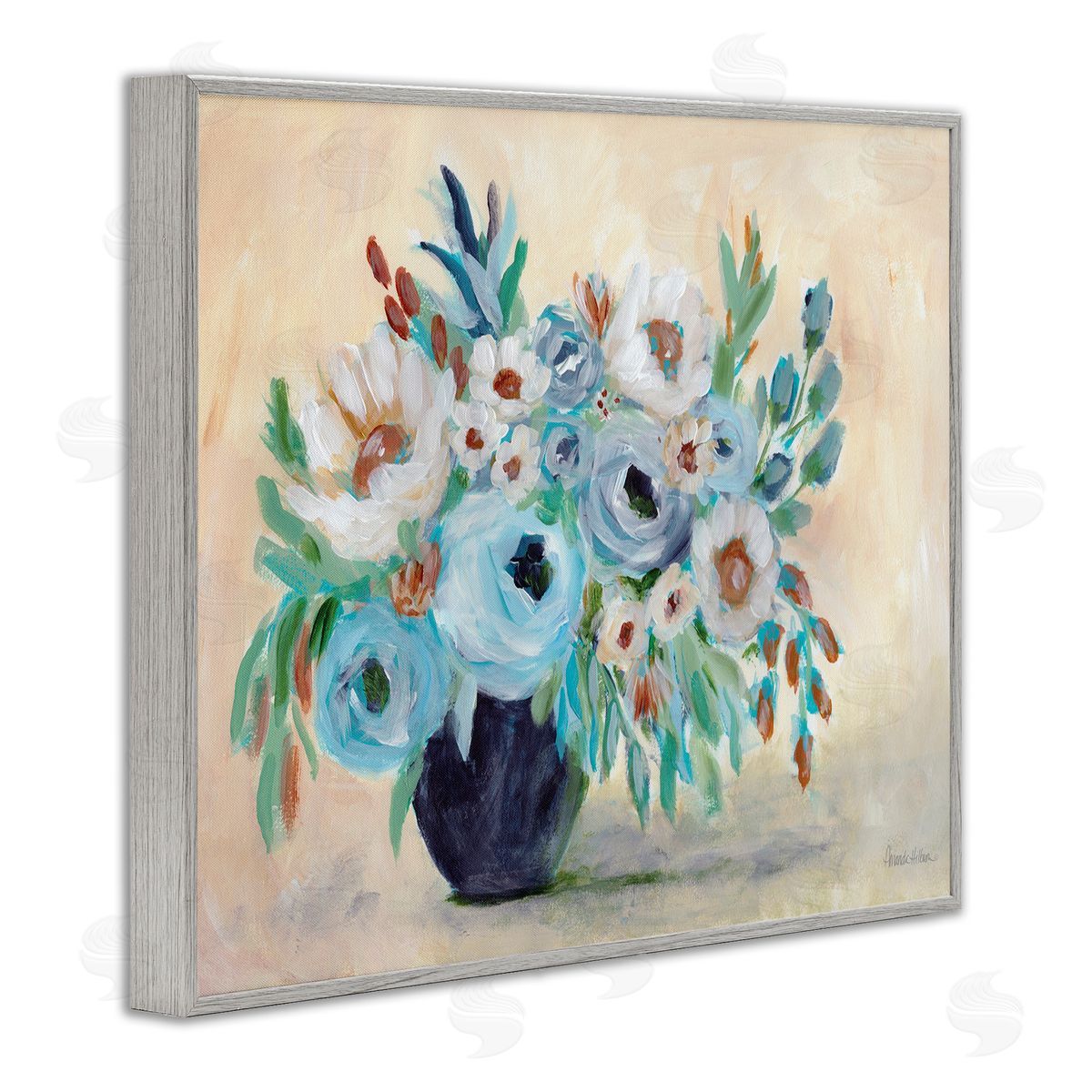 Round Blooms Bouquet Grey Frame Print Wall Art, Home Decor by Amanda Hilburn