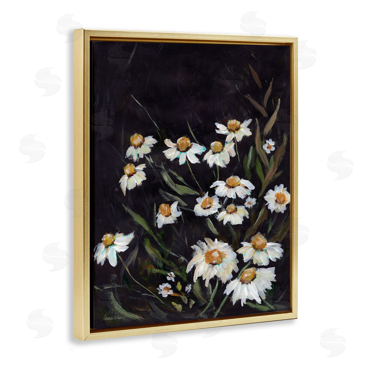 Daisies on Black Gold Floating Frame Canvas Wall Art, Home Decor by Amanda Hilburn